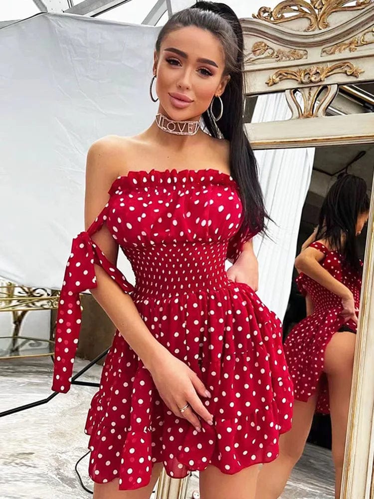 CNYISHE Sweet Boho Dress Sexy Cute Red Polka Dot Print Summer Sundress Women Ruched Dress Robes Femme Party Off Shoulder Dresses