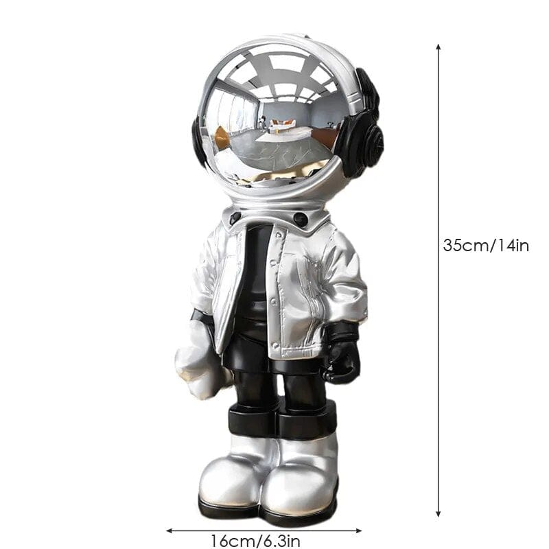 boy silver Space Odyssey Artworks: Resin Cartoon Astronaut Statues - Creative Home Decoration Figurines for Nordic Desktop Decor, Indoor Ornaments, and Thoughtful Gifts