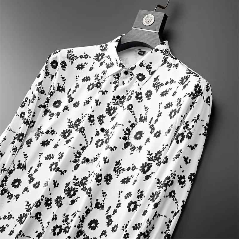 Brand Flower Print Shirt Men's 2024 Spring Long Sleeved Slim Casual Business Dress Shirts Social Party Streetwear Tuxedo Blouse