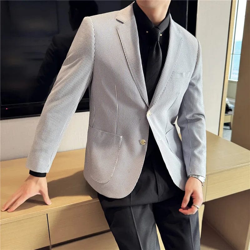 Brand Seersucker Blazers Men Fashion Striped Casual Business Suit Jacket Men Clothing Wedding Groom Social Dress Coats M-4XL