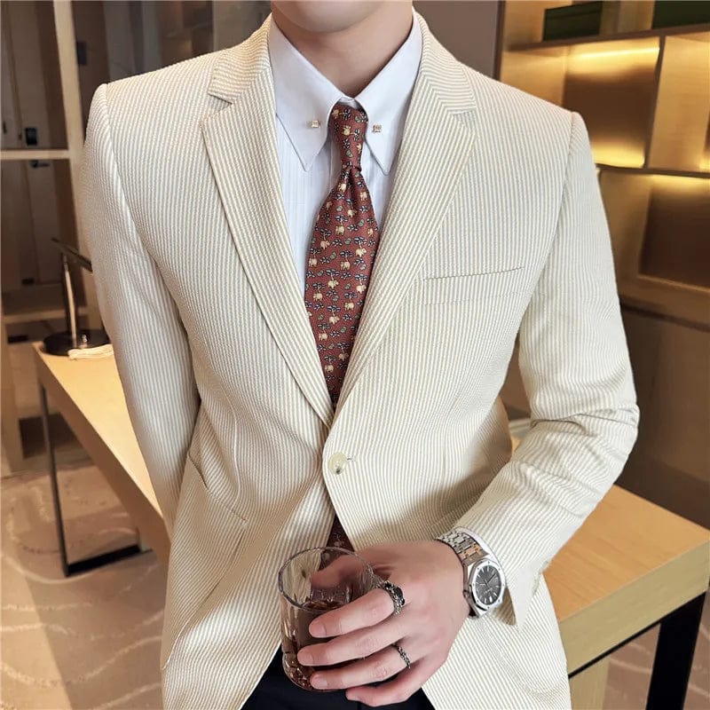 Brand Seersucker Blazers Men Fashion Striped Casual Business Suit Jacket Men Clothing Wedding Groom Social Dress Coats M-4XL