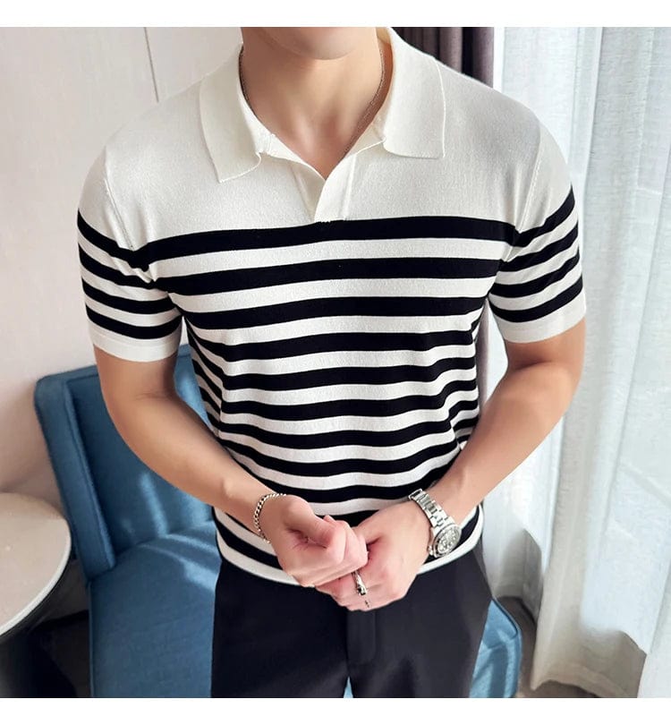 British Men's Slim Fit Polo T-shirt with Contrasting Stripes - Summer Knit Casual Lapel Style