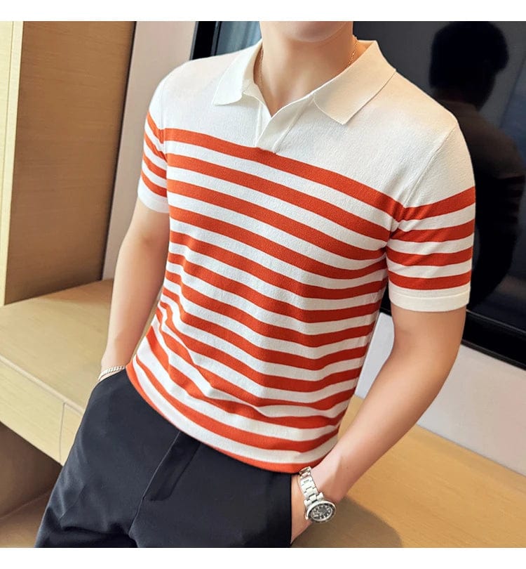 British Men's Slim Fit Polo T-shirt with Contrasting Stripes - Summer Knit Casual Lapel Style