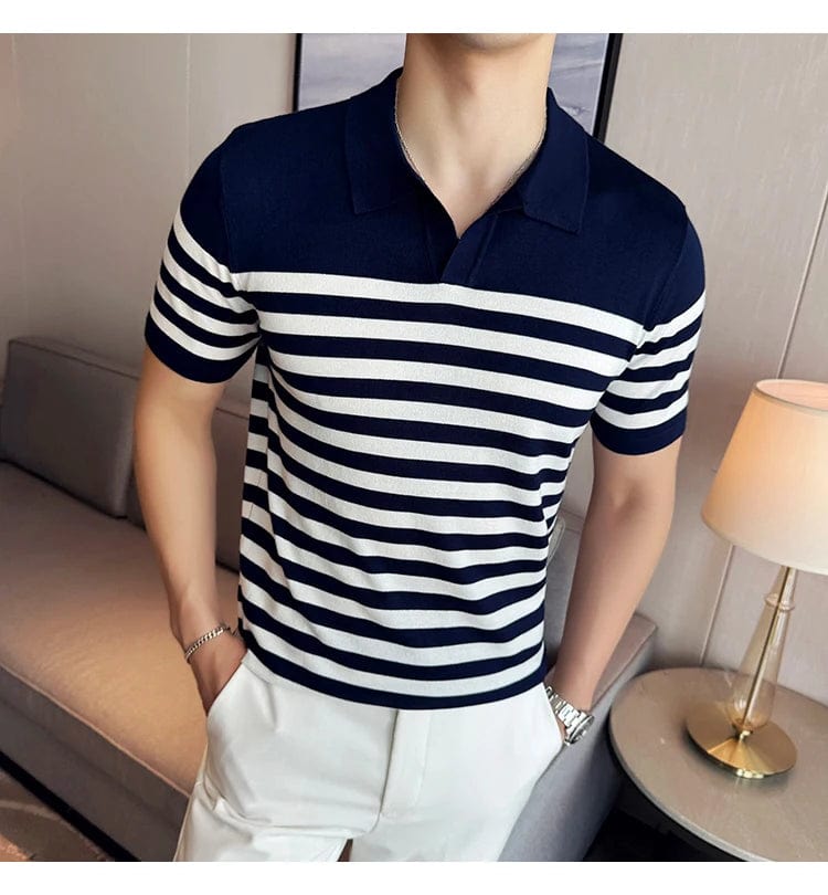 British Men's Slim Fit Polo T-shirt with Contrasting Stripes - Summer Knit Casual Lapel Style