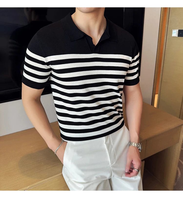 British Men's Slim Fit Polo T-shirt with Contrasting Stripes - Summer Knit Casual Lapel Style