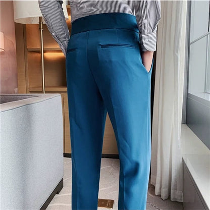 British Style 2023 New High Waist Casual Pant Men Belt Design Slim Fit Suit Pants Office Social Wedding Party Formal Pants 29-36