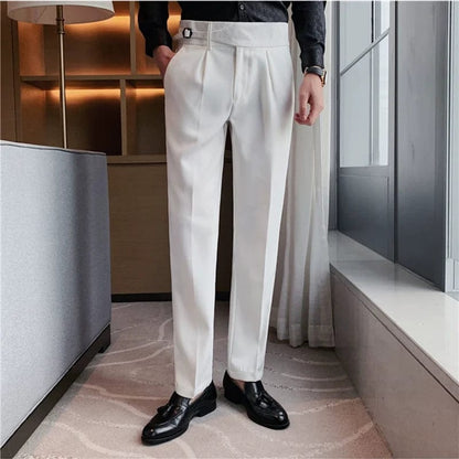 British Style 2023 New High Waist Casual Pant Men Belt Design Slim Fit Suit Pants Office Social Wedding Party Formal Pants 29-36