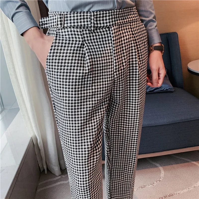 British Style Autumn New Fashion Stripe Plaid Suit Pant Men High Waist Design Slim Fit Office Pants Mens Groom Wedding Trousers