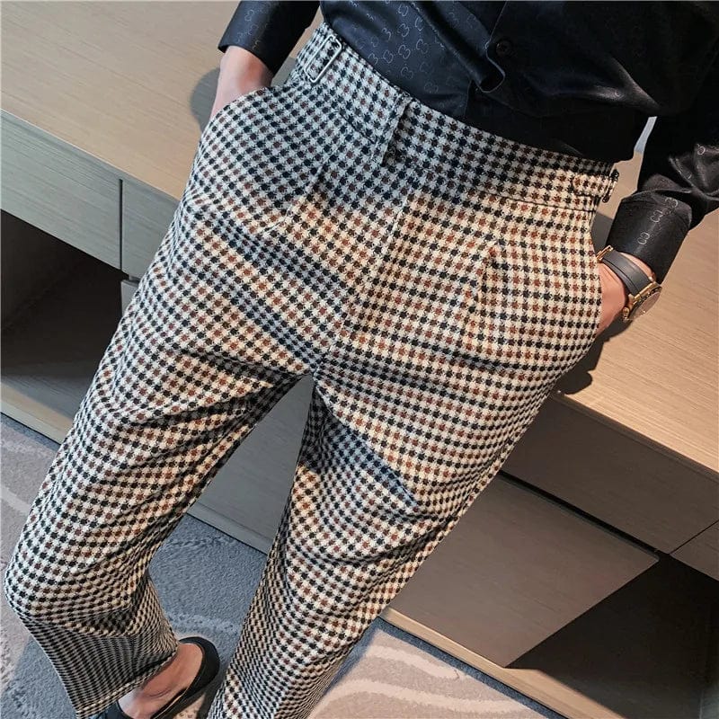 British Style Autumn New Fashion Stripe Plaid Suit Pant Men High Waist Design Slim Fit Office Pants Mens Groom Wedding Trousers