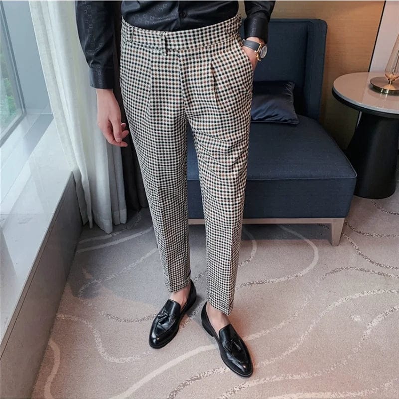 British Style Autumn New Fashion Stripe Plaid Suit Pant Men High Waist Design Slim Fit Office Pants Mens Groom Wedding Trousers