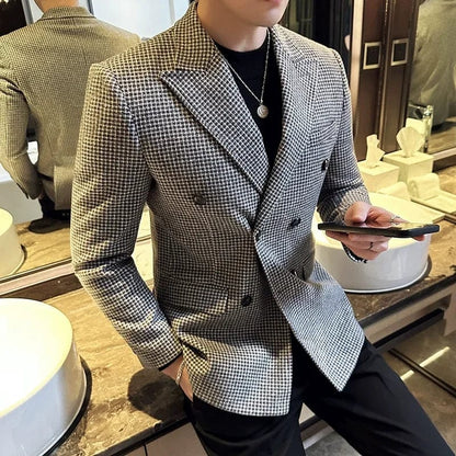 British Style Men Double Breasted Slim Fit Blazer 2023 New Houndstooth Slim Fit Suit Jacket Formal Business Wedding Dress Jacket