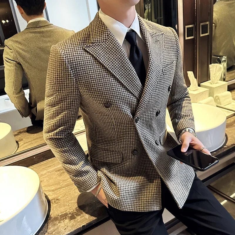 British Style Men Double Breasted Slim Fit Blazer 2023 New Houndstooth Slim Fit Suit Jacket Formal Business Wedding Dress Jacket