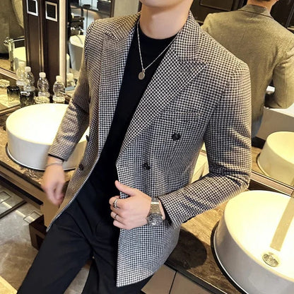 British Style Men Double Breasted Slim Fit Blazer 2023 New Houndstooth Slim Fit Suit Jacket Formal Business Wedding Dress Jacket