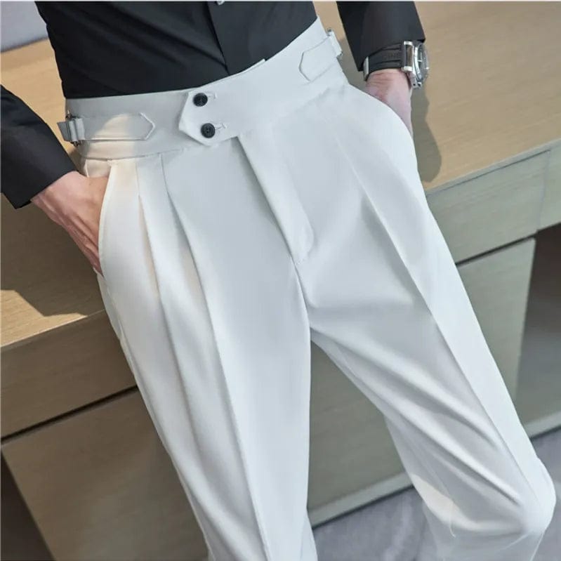 British Style Men High Waist Casual Dress Pant Men Belt Design