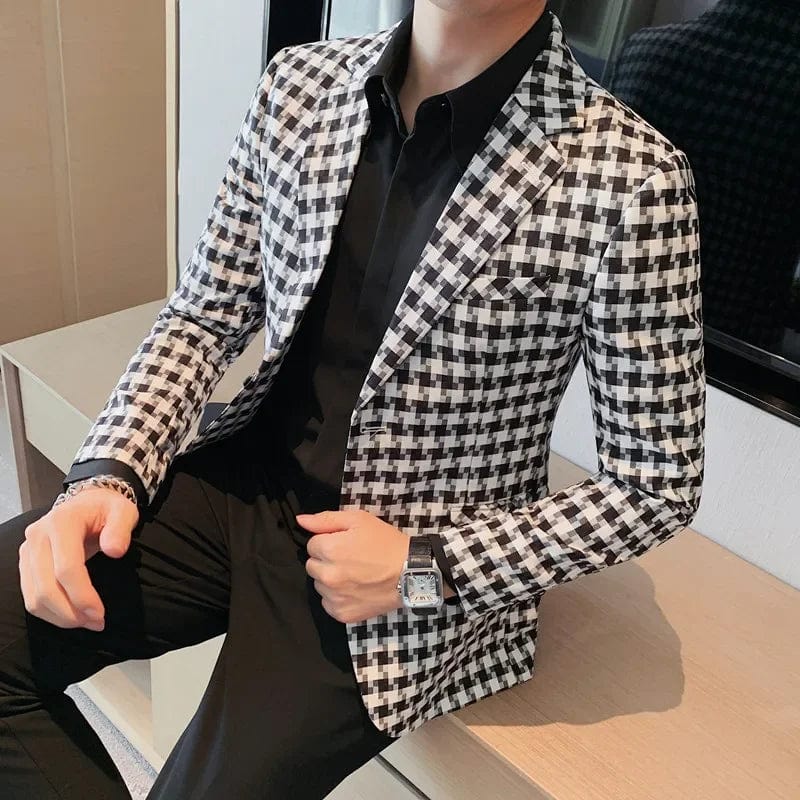 2023 British Style Men Casual Blazer British Style Business Slim Fit Plaid Suit Coat Male Formal Single Buckle Suit Jacket 4XL