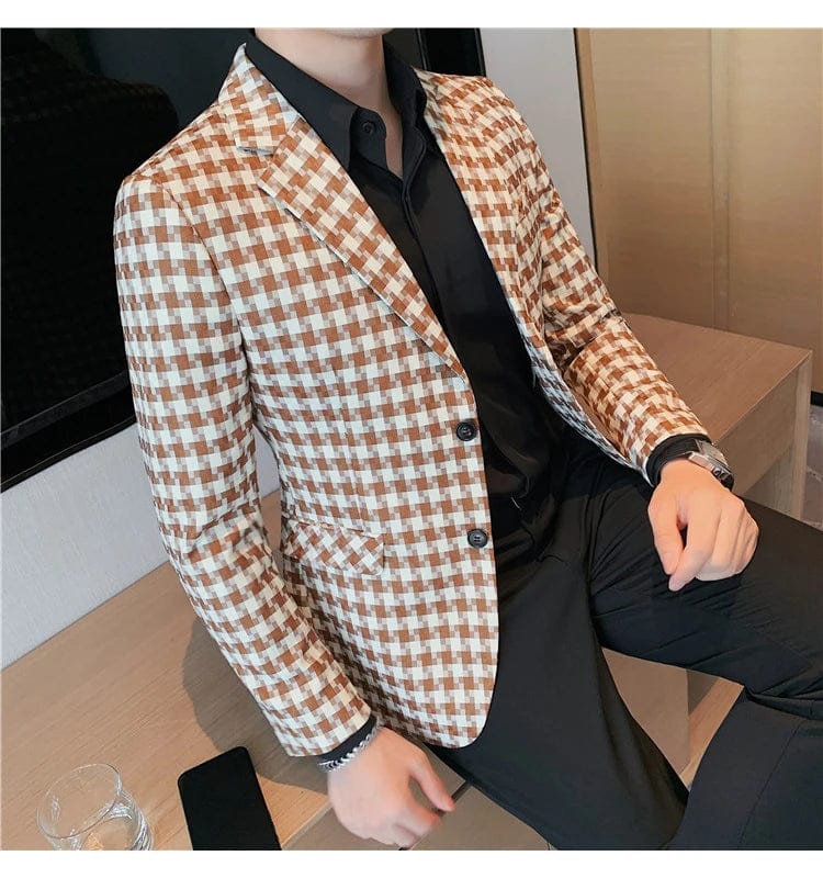 British Style Men's Smart Casual Slim Fit Plaid Blazer Suit Jacket