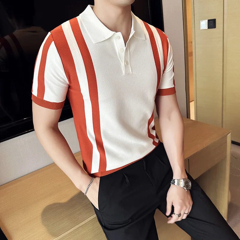 British Style Short Sleeve Polo Shirts Men Summer Striped Slim Fit Knitted Causal Business POLO T-shirts Social Streetwear Tops