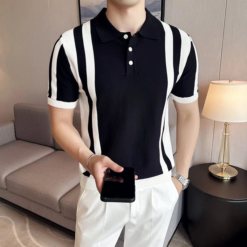 British Style Short Sleeve Polo Shirts Men Summer Striped Slim Fit Knitted Causal Business POLO T-shirts Social Streetwear Tops