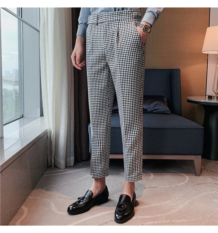 British Style Stripe Plaid Men's High Waist Slim Fit Suit Pants for Office and Wedding