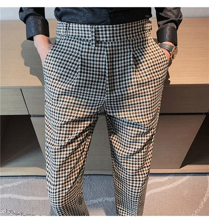 British Style Stripe Plaid Men's High Waist Slim Fit Suit Pants for Office and Wedding