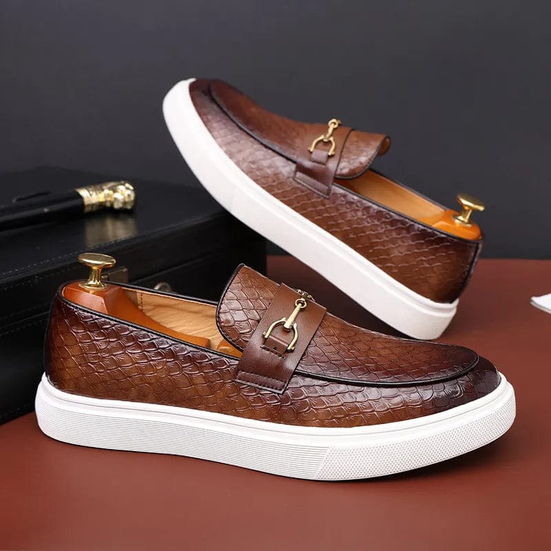 Brown / 38 (US 6) / CHINA Men's Casual Shoes Embossed Leather Men Fashion Buckle Loafers Mens Slip-on Board Shoes Outdoor Flats