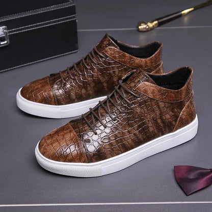 Luxury Men s Retro Brown Crocodile Leather High Top Sneakers Lace Up Non Slip Vulcanized Shoes