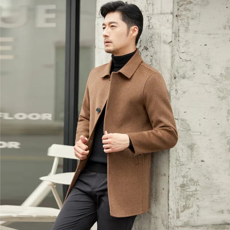 BROWN / L Jueqi Autumn and Winter New Cashmere Coat Men's Double sided Woolen Coat 100% Pure Woolen Coat MR-3013