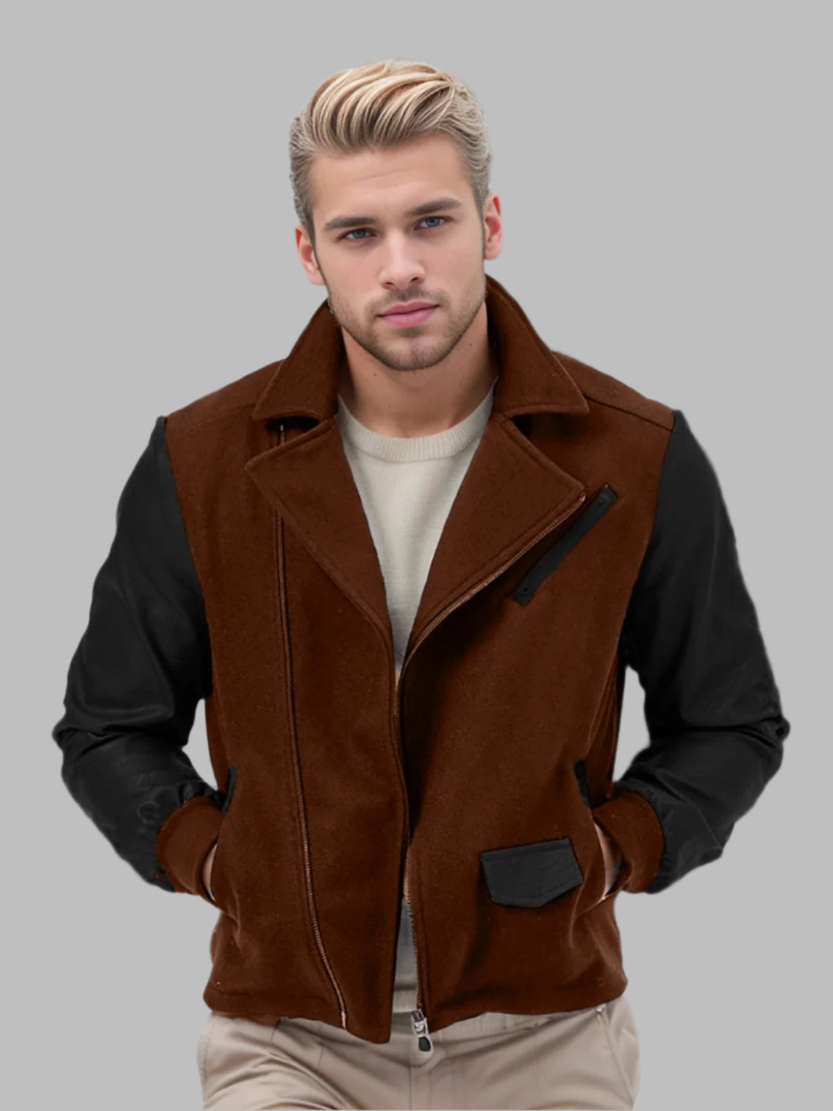 Brown / M Men's new PU leather jacket spliced lapel jacket color matching trendy versatile men's clothing zipper jacket