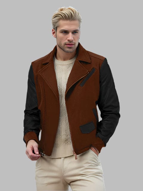 Brown / S Men's Color-Block PU Leather Zipper Lapel Jacket