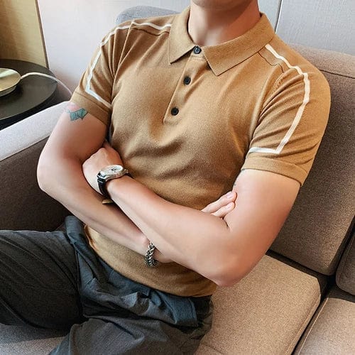 Brown / XS Men's Color Block Striped Knitted Polo Shirt – Slim Fit Short Sleeve Cotton Lapel Streetwear Tee