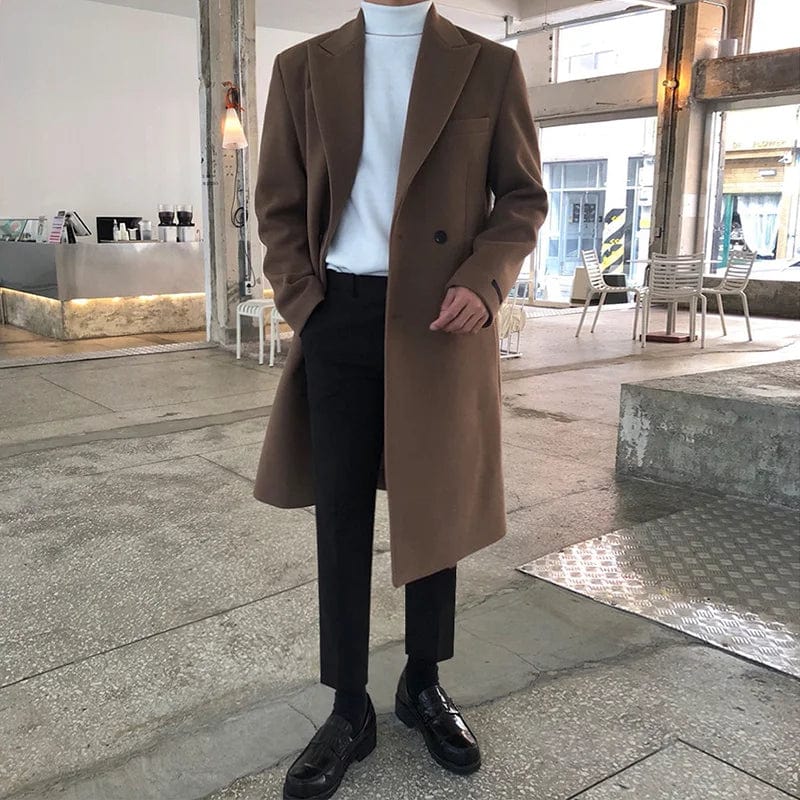 Brown / XXL IEFB Men's Autumn Winter Mid Length Woolen Coat New Korean Tide Black Thickned Overcoat Long Sleeve Double-breasted Jackets