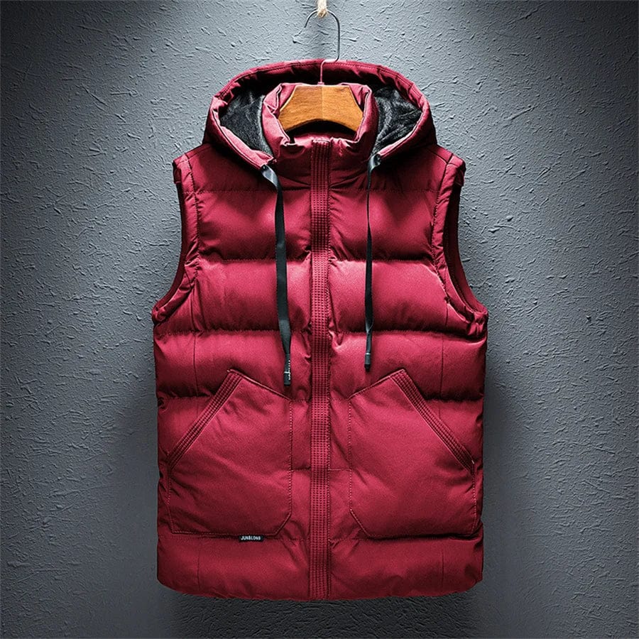 Burgundy / M  (40-50kg) Men's Warm Sleeveless Working Vest Autumn Winter Casual Cotton Jacket Male Double Large Pocket Hooded Coat Waistcoat Oversize