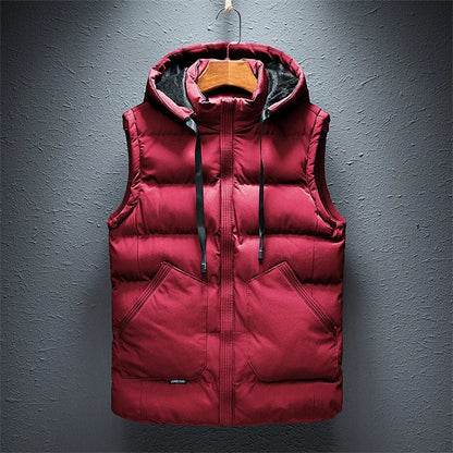 Burgundy / M  (40-50kg) Men's Warm Sleeveless Working Vest Autumn Winter Casual Cotton Jacket Male Double Large Pocket Hooded Coat Waistcoat Oversize