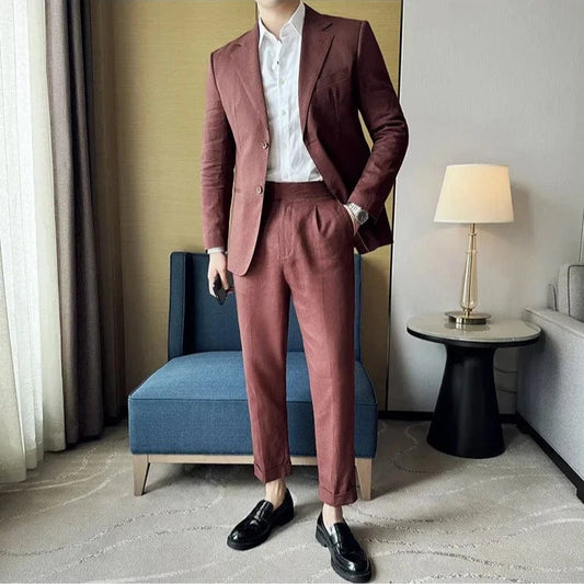 Burgundy / XS (Jacket & Pants) Men's 2-Piece Linen Suit: Italian Light, Breathable, Trendy Jacket with Double Slit Back