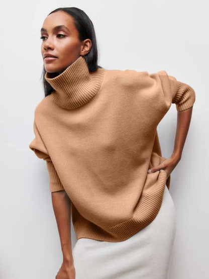 Camel / XS Chic Comfort: Women's Turtleneck Sweater - Solid, Elegant, and Thick for Warmth in Autumn and Winter - Long Sleeve Knitted Pullovers for Casual Sophistication