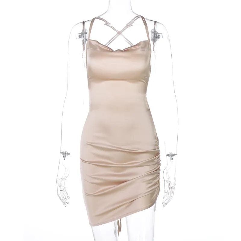 champagne / S Sultry Elegance: Dulzura Satin Mini Dress with Ruched Lace-Up Cross Bandage, Backless Bodycon