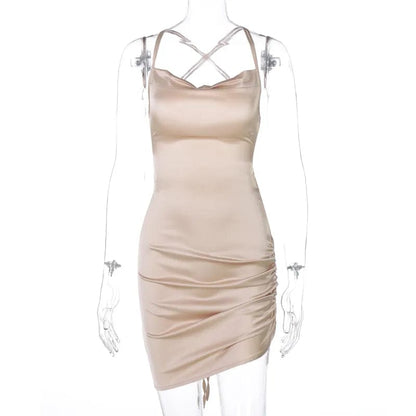 champagne / S Sultry Elegance: Dulzura Satin Mini Dress with Ruched Lace-Up Cross Bandage, Backless Bodycon