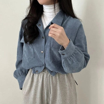 Chic Corduroy Long Sleeve Cropped Women's Blouse Drawstring and Pockets Short Jacket