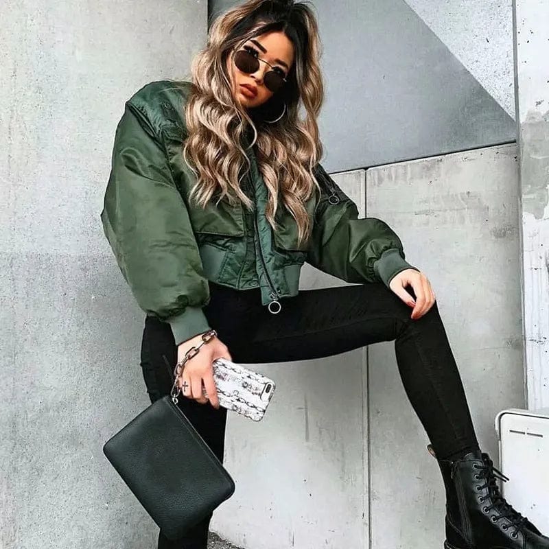Chic Elegance: Merodi Green Short Jackets for Women - Stylish Autumn/Winter Fashion with Long Sleeve Zipper Bomber Outwear - Women's Coat