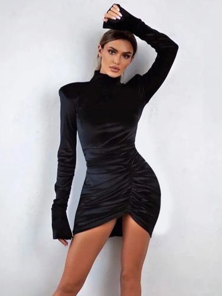 Chic Velvet Mini Dress - Women's Fashion Long Sleeve Streetwear Slim Sheath Bodycon
