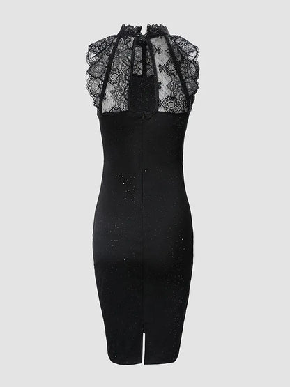 Classy Black Glitter Contrast Lace Party Dress