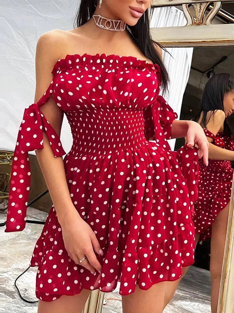 CNYISHE Sweet Boho Dress Sexy Cute Red Polka Dot Print Summer Sundress Women Ruched Dress Robes Femme Party Off Shoulder Dresses