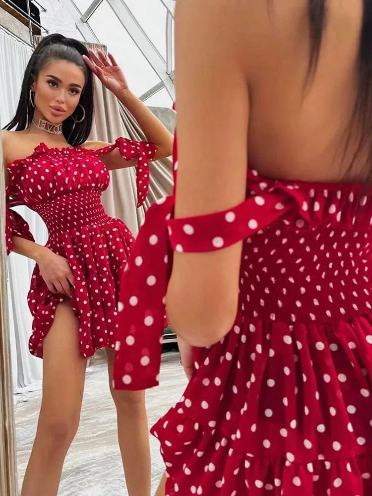 CNYISHE Sweet Boho Dress Sexy Cute Red Polka Dot Print Summer Sundress Women Ruched Dress Robes Femme Party Off Shoulder Dresses