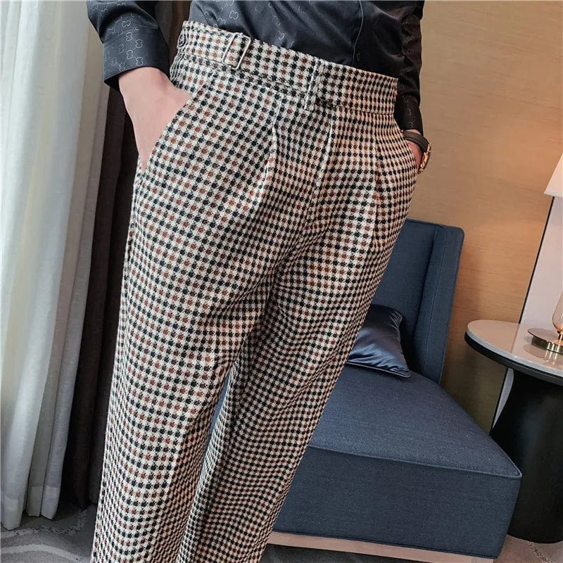 Coffee / 36 / CHINA British Style Autumn New Fashion Stripe Plaid Suit Pant Men High Waist Design Slim Fit Office Pants Mens Groom Wedding Trousers