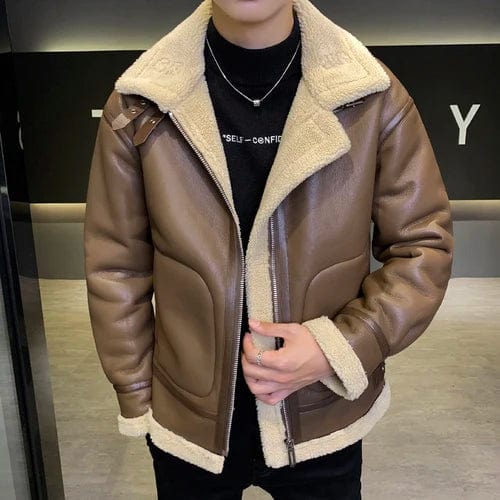 Coffee / Asia L(168cm-58kg) Winter New Men's Leather Jacket Men's Plush Thickened Lamb Fleece Collar Casual Jacket Large Design Feel Leather Coat Men Jacket