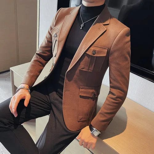 Coffee / Asia M(165cm-50kg) Men Keep Warm Winter Woolen Cloth Suit Jackets/Male Slim Fit High Quality Business Woolen Blazers/Man Pocket Decoration Tuxedo