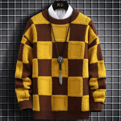 Coffee / Asia M(165cm-50kg) New Fall Winter Korean Style Mens Pullovers Sweaters High Quality Thick Warm Cashmere Sweater Men Luxury Plaid Pull Homme 2023