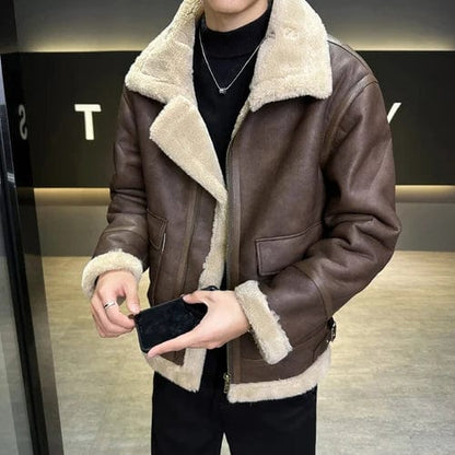 Coffee / Asia M(165cm-50kg) Winter New Thick Men Leather Jacket Brown Black Fashion Faux Fur Collar Fleece Windproof Warm Coat Motorcycle Jacket Men Outwear