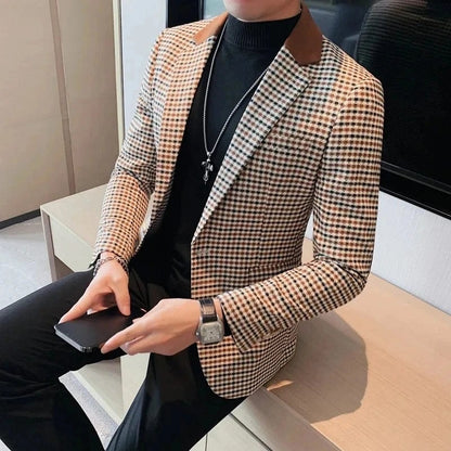 Coffee / Asian 3XL is Eur XL Men Spring High Quality Plaid Business Suit Jackets/Male Slim Fit Luxury Office Tuxedo/Man Brand Clothing Fashion Blazers 4XL-M