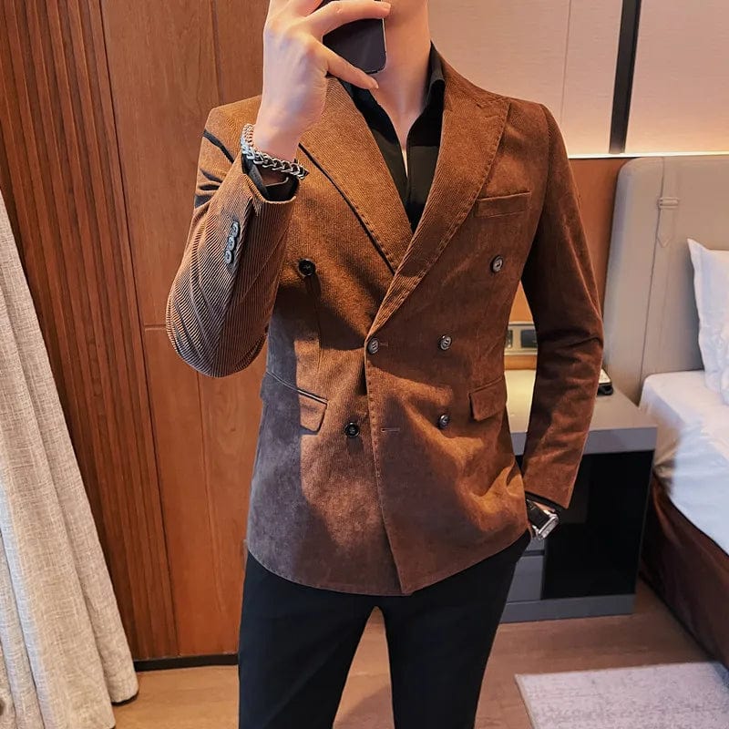 Coffee / Asian 4XL 83-90KG Plus Size 4XL-M Double Breasted Corduroy Blazer Jackets For Men Clothing 2023 Business Slim Fit Casual Striped Suit Coats Formal